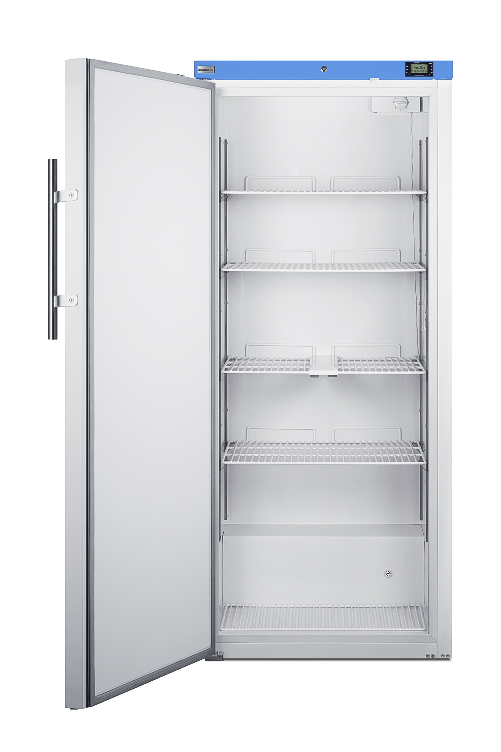 Upright manual defrost freezer with lock and external alarm/thermometer for general purpose storage applications